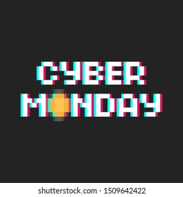 Pixel art 8-bit poster Cyber Monday with glitch effect and coin icon - isolated vector illustration