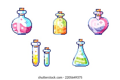 Pixel art 8bit potions set. 8 bit retro game style elixirs in glass bottles. 90s assets stickers collection of pixel potions icons set. 