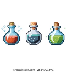 Conjunto de pociones de 8 bits de arte de píxeles. Elixires de estilo de juego retro de 8 bits en botellas de vidrio.