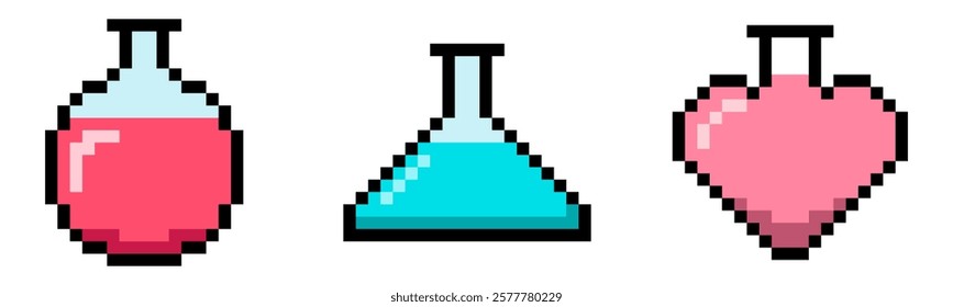 Pixel art 8bit potions set. 8 bit retro video game icons collection isolated on transparent background