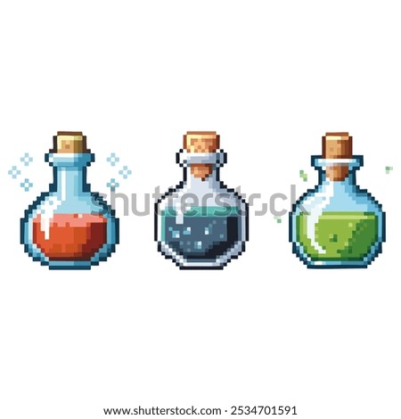 Pixel art 8bit potions set. 8 bit retro game style elixirs in glass bottles.