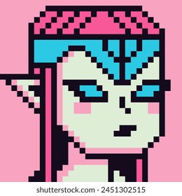 Pixel art 8-bit princess elf ears girl portrait 80-s, cryptoart, female cute character, avatar, cartoon vector icon, game user, web profile persons, people, social net portrait, minimalistic style.