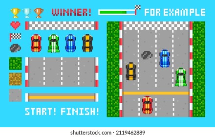 Pixel art 8-bit Race game with Cars and objects vector design. Pixel Race arcade in retro style. Top view