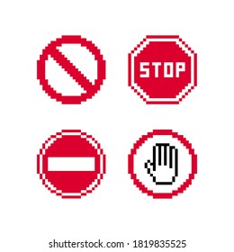 Pixel art 8-bit road prohibiting sign set. Stop signs on white background - editable isolated vector illustration