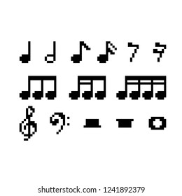 Pixel art 8-bit Set of Musical notes - isolated vector illustration