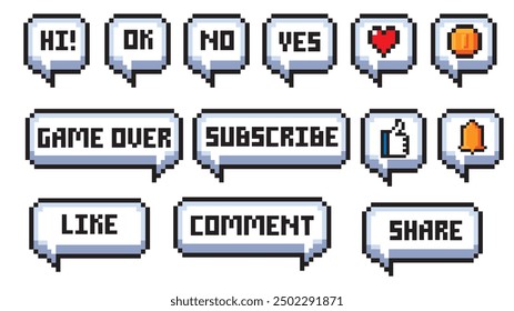 Pixel art 8-bit set with speech bubble.Hi,Yes,no,Ok,No,Game over,Like, subscribe, comment, share,Heart symbol,Bell symbol,coin,hand with thumbs up gesture.