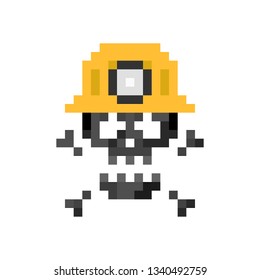 Pixel art 8-bit sign miner skull with helmet - isolated vector illustration