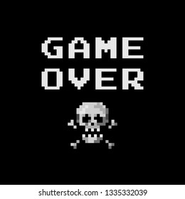 Pixel art 8-bit sign skull with crossbones and text game over - isolated vector illustration