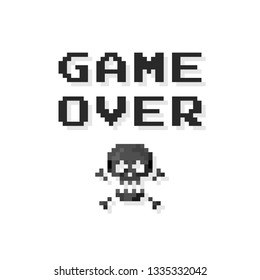 Pixel art 8-bit sign skull with crossbones and text game over - isolated vector illustration