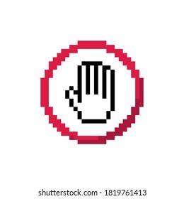 Pixel art 8-bit simple red stop traffic sign with hand gesture icon - isolated vector illustration	