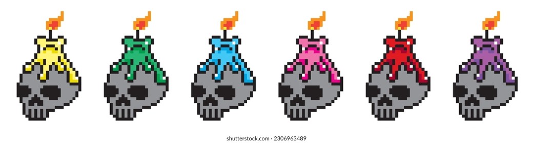 Pixel art 8-bit.Set of a skull vector icons of different colors.Dotted pop art illustration.Creative Vision Logotype concept. 

