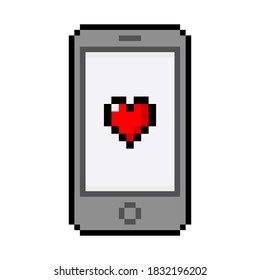 Pixel art 8-bit smart phone with red heart message - editable isolated vector illustration