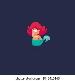Pixel art 8-bit smiling mermaiid with pink hair on dark background