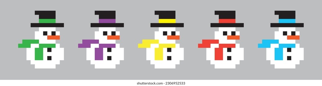 Pixel art 8-bit.Set of a snowman pixel art of different colors.Dotted pop art illustration.Creative Vision Logotype concept.