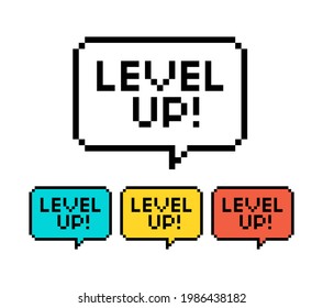 Pixel art 8-bit speech bubble saying level up - isolated vector illustration