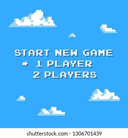 Pixel art 8-bit start new game background with clouds 8-bit - isolated vector illustration