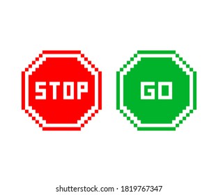 Pixel art 8-bit stop and go traffic sign on white background - isolated vector illustration