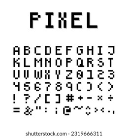 Pixel art, tipo de letra de 8 bits. Cartas de Capital con Símbolos. Vector de diseño.