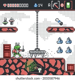 Pixel art 8-bit style funny plataform adventure game interface. Abandoned Mine level design with levers, boxes, secret map, diamonds and traps. The funny protagonist is an curious detective frog. svg