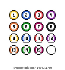 Pixel art 8-bit style multicolor billiard balls set - isolated vector illustration