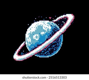 Pixel art 8-bit style picture of a blue planet with a ring.