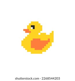 Pixel art 8-bit style yellow duck icon - isolated vector illustration. 8-bit duck pixels. Animal game assets in vector illustrations.