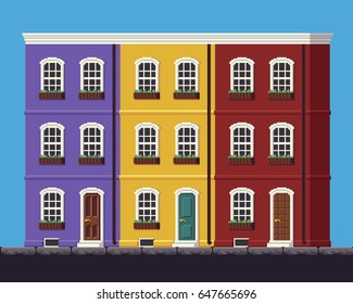 Pixel art 8-bit three multi-storey bright european houses and sky with clouds