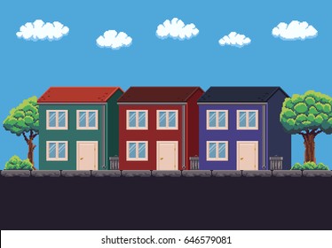 Pixel art 8-bit three two-storey houses, trees and sky with clouds