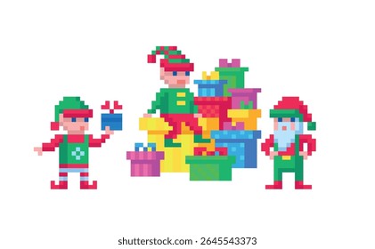 Pixel art 8-bit vector Christmas elves preparing gifts on white background festive holiday characters retro style winter pixel illustration