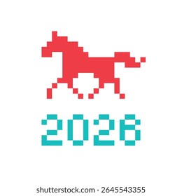 Pixel art 8-bit vector red horse icon with 2026 number underneath representing the symbol of the 2026 year according to the eastern zodiac calendar