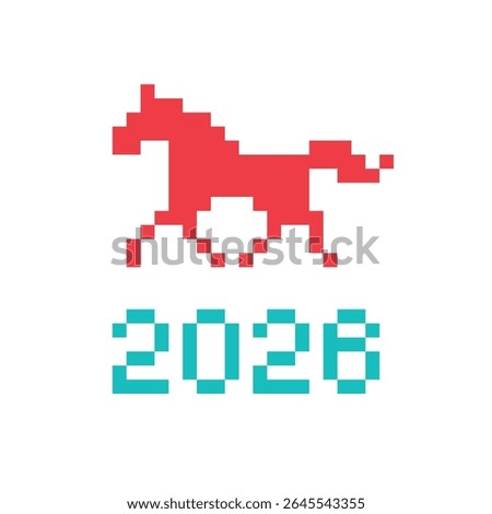 Pixel art 8-bit vector red horse icon with 2026 number underneath representing the symbol of the 2026 year according to the eastern zodiac calendar