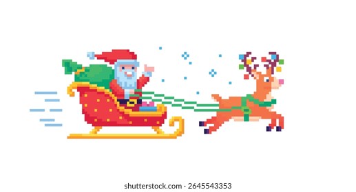 Pixel arte 8-bit vetor Papai Noel passeios trenó puxado por rena com presentes isolados no fundo branco festivo cena de férias de inverno ilustração