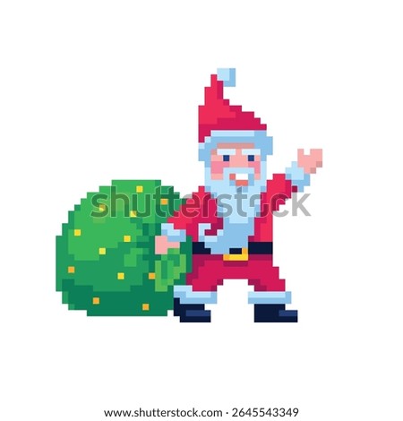 Pixel art 8-bit vector Santa Claus character holding a Christmas gift sack on white background festive retro style winter holiday sprite illustration perfect for video game design