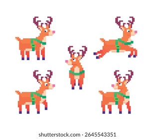 Pixel art 8-bit vector set of Christmas reindeer in unique poses festive winter holiday cute characters pixel sprite set isolated on white background perfect for game projects
