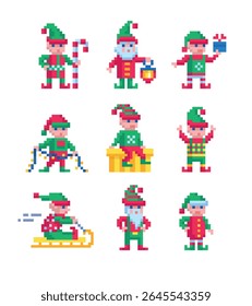 Pixel art 8-bit vector set of Christmas elves in unique poses festive winter holiday cute characters pixel sprite set perfect for game and digital projects