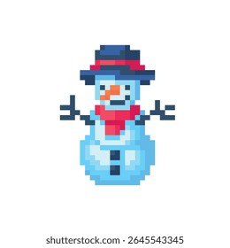 Pixel art 8-bit vector smiling Christmas snowman with hat isolated on white background festive winter cute character sprite in vector retro game pixel graphics perfect for holiday projects