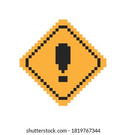 Pixel art 8-bit warning sign with exclamation symbol in yellow square frame - isolated vector illustration