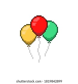 Pixel art 8-bit yellow, red, green balloons set. Bunch of balloons on white background - editable isolated vector illustration