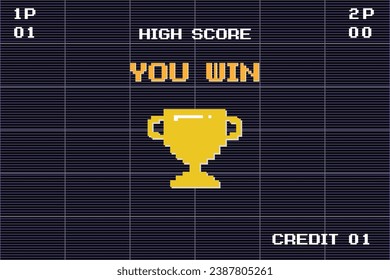 Pixel art 8-bit "You Win" text with one big winner golden cup. for game assets in vector illustrations.