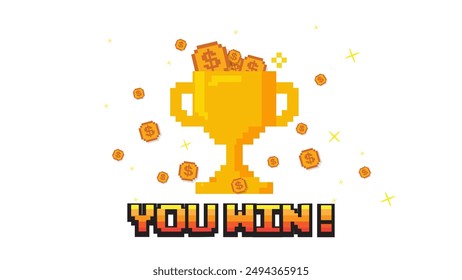 Pixel art 8-bit Usted gana texto con una gran taza de oro y moneda de oro abrumador para el campeón sobre fondo rojo. para los activos del juego en Ilustraciones vectoriales.	