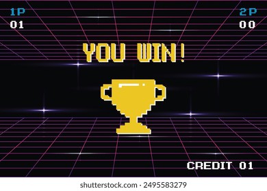 Pixel art 8-bit You Win text with one big winner golden cup. Retro Futurism Sci-Fi Background. glowing neon grid. and stars from vintage arcade comp