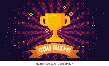 Pixel art 8-bit You Win text with one big winner golden cup on red background	