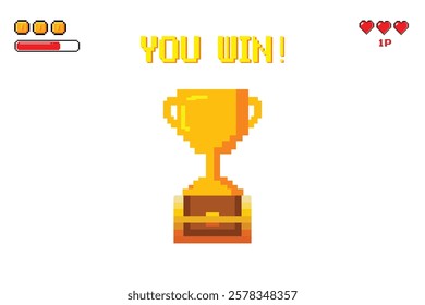 Pixel art 8-bit You Win text with one big winner golden cup on white background