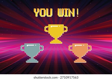 Pixel art 8-bit "You Win" text with one big winner golden cup. for game assets in vector illustrations.