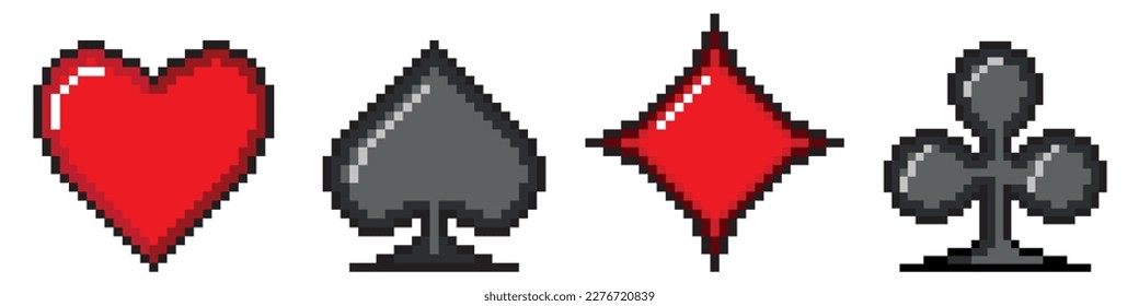 Pixel art 8-bit.Card suit pixel icon set. Poker 8 bit heart, spade, club and diamond collection..Dotted pop art illustration.Creative Vision Logotype concept. 