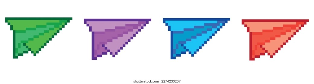 Pixel art 8-bit.Paper plane icon 8 bit, pixel art airplane icon for game logo.Dotted pop art illustration.Creative Vision Logotype concept. 