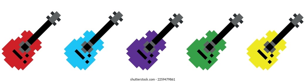 Pixel art 8-bit.Vector illustration of pixel guitar icon collection.Dotted pop art illustration.Creative Vision Logotype concept. 