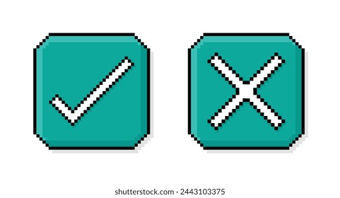 Pixel art, 90s mood, 8bit retro style check mark and cross mark, set of tick and cross icons or symbols on pixelated style vector illustration