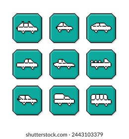 Pixel art, 90s mood, 8bit retro style cars automobile, set of pixilated car video game icons or symbols on pixelated style vector illustration