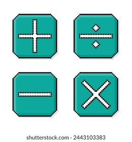 Pixel art, 90s mood, 8bit retro style plus, minus, multiply, divide, set of math page icons or symbols on pixelated style vector illustration